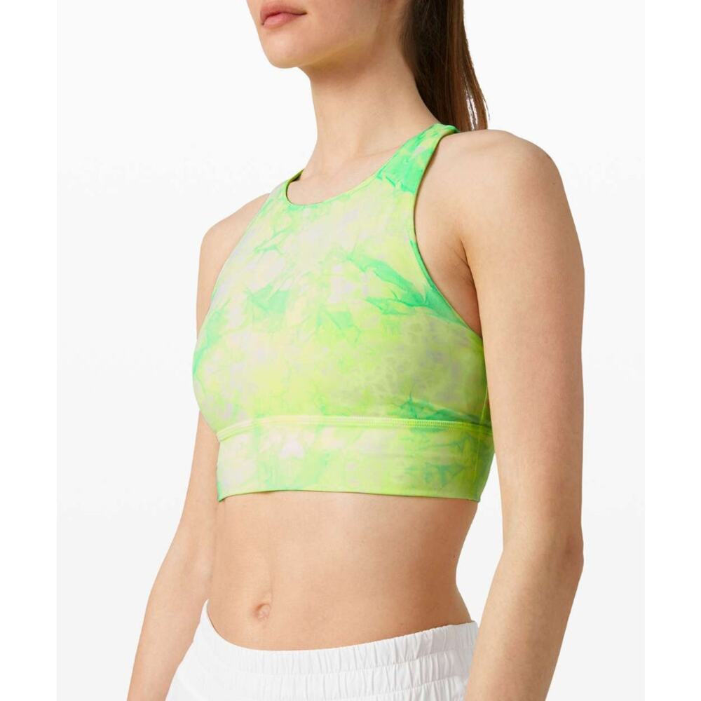 Lululemon Energy Bra High Neck  Sz‎ 4 Dual Shibori Print Florescent Green VGUC